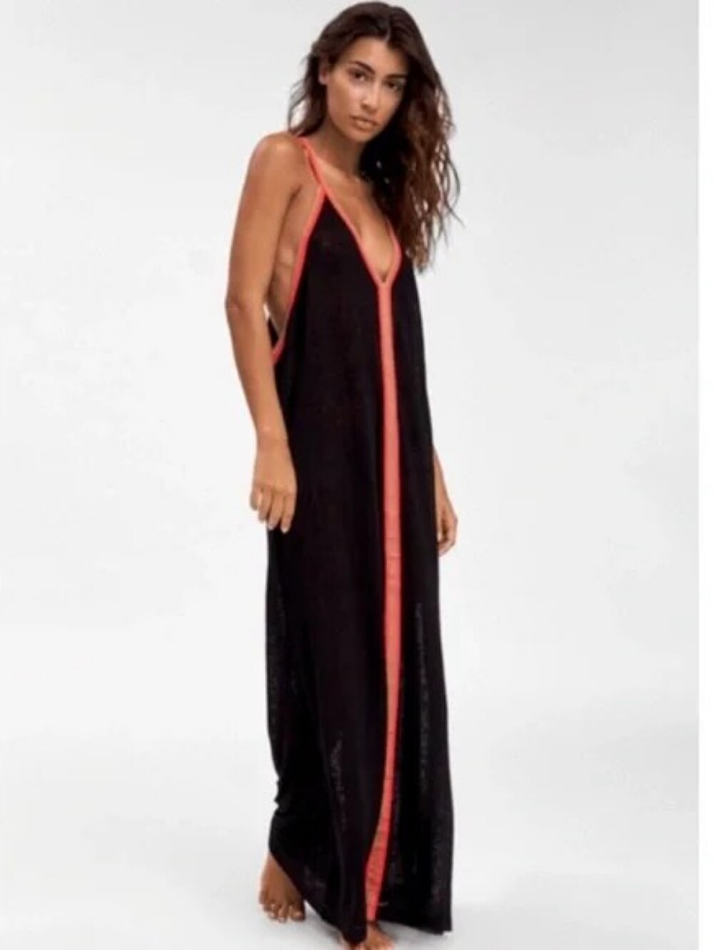 Pitusa Black Maxi Dress with Bright Coral Trim